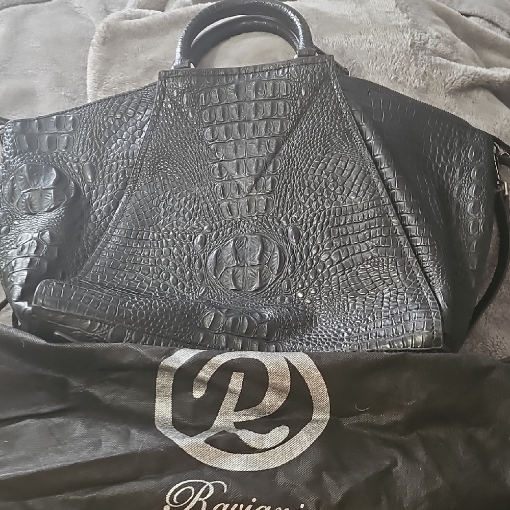 Raviani Usa Xl Black Croc-Embossed  Satchel Bag